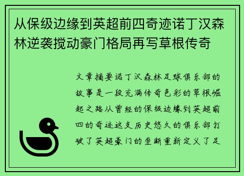 从保级边缘到英超前四奇迹诺丁汉森林逆袭搅动豪门格局再写草根传奇