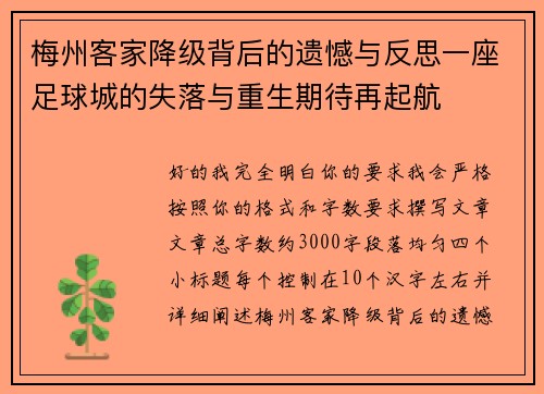 梅州客家降级背后的遗憾与反思一座足球城的失落与重生期待再起航 梅州客家降级背后的遗憾与反思一座足球城的失落与重生期待再起航